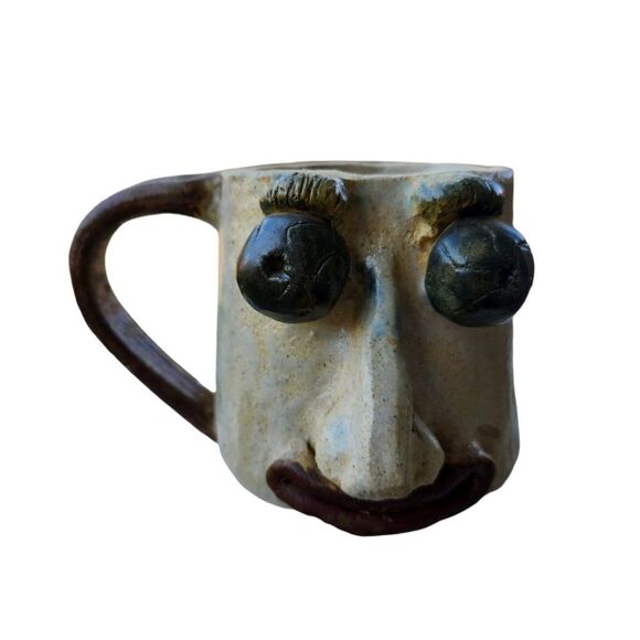 Ugly Face Pottery Mug Big Eyeballs Clay Coffee cup Brown Tan Beige Vintage Heavy - Picture 10 of 10